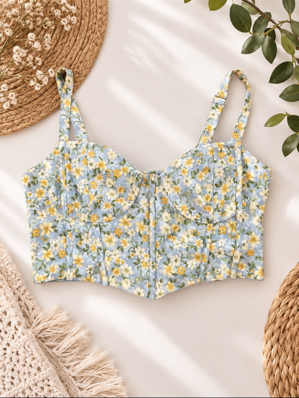 Altar'd State Bustier Crop Top with Yellow Flowers Size L Coquette Cottagecore